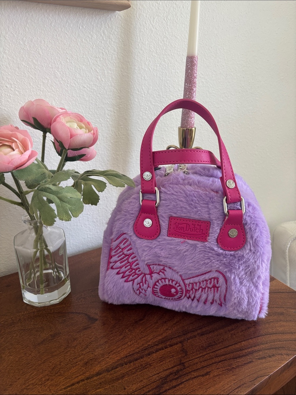 Von Dutch Lavender Faux Fur Mini Tote with Fuchsia Handles